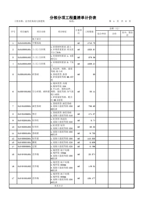 幼儿园建筑工程量清单计价表-模板