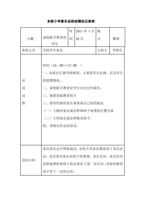 小学生家长会活动情况记录表1