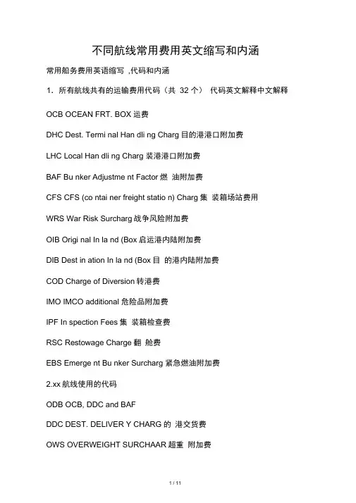 不同航线常用费用英文缩写和内涵
