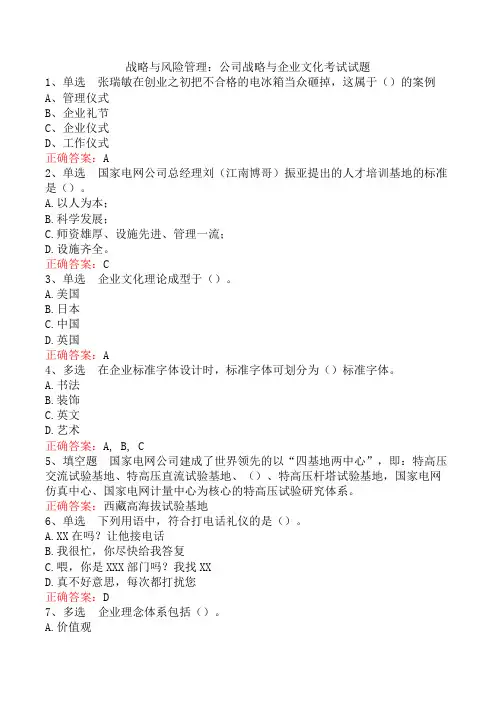 战略与风险管理：公司战略与企业文化考试试题