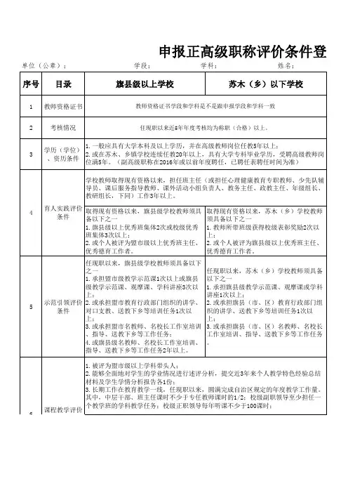 申报正高级职称评价条件登记表