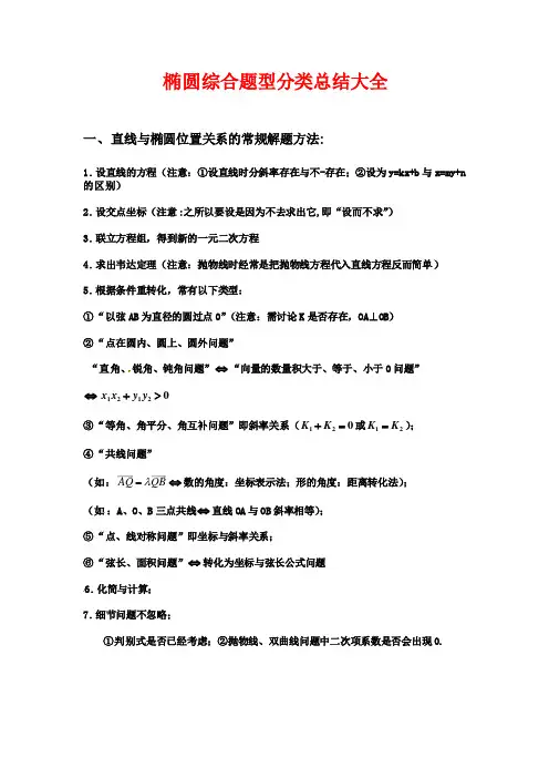 椭圆综合题型分类总结大全(定点定值问题、圆锥曲线与向量、圆锥曲线弦长与面积等)