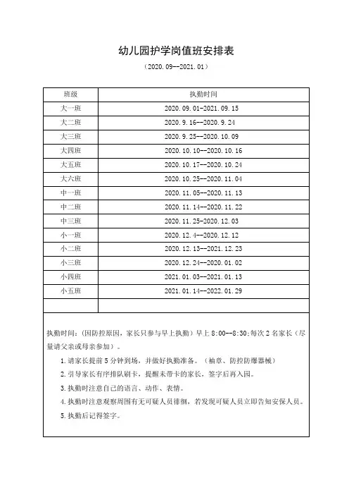 幼儿园护学岗值班安排表(值周)