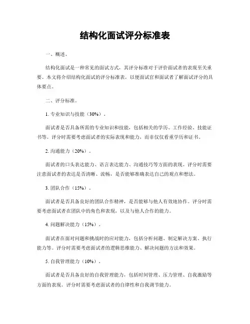结构化面试评分标准表