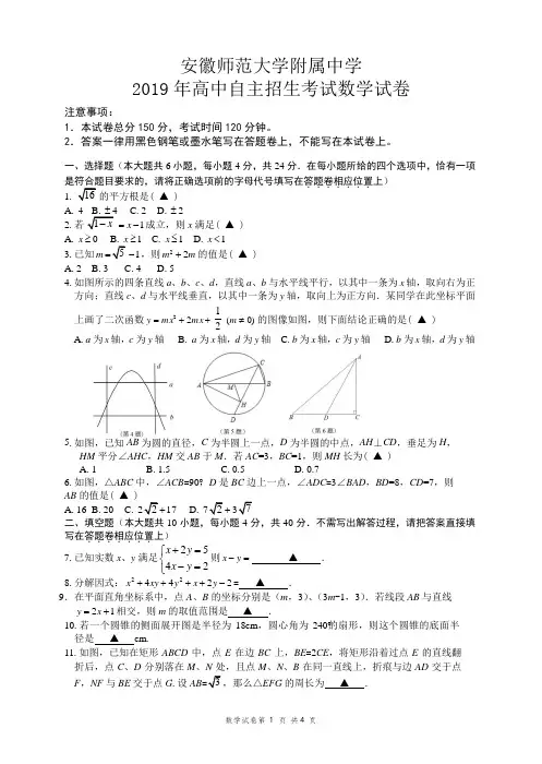 安徽师范大学附属中学2019年高中自主招生考试数学试题
