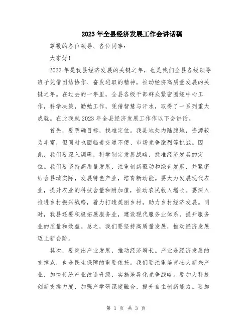 2023年全县经济发展工作会讲话稿