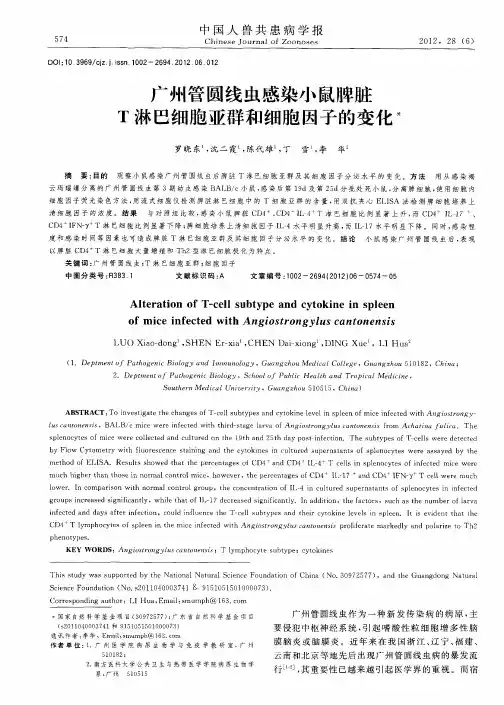 广州管圆线虫感染小鼠脾脏T淋巴细胞亚群和细胞因子的变化