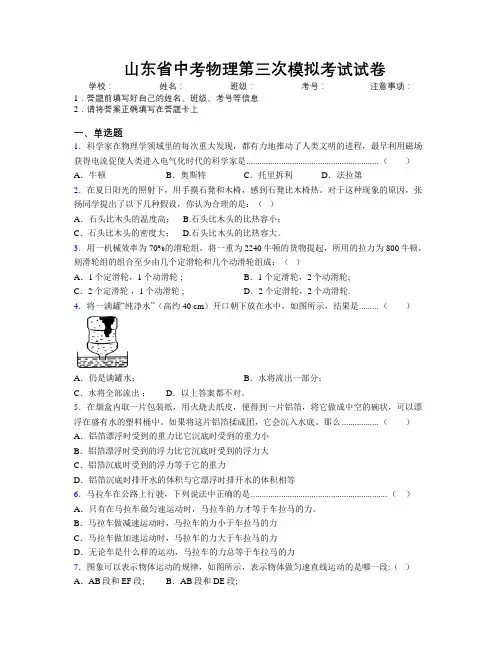 最新山东省中考物理第三次模拟考试试卷及解析