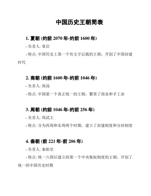 中国历史王朝简表