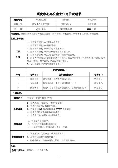 研发中心办公室主任岗位说明书