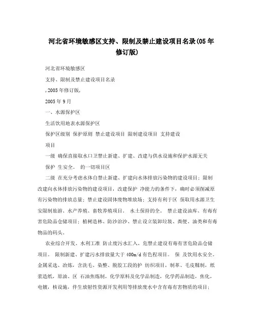 河北省环境敏感区支持、限制及禁止建设项目名录