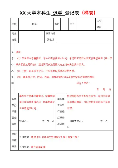大学本科生退学登记表(样表)【模板】