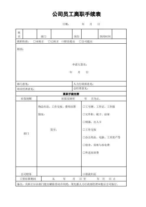 公司员工离职手续表