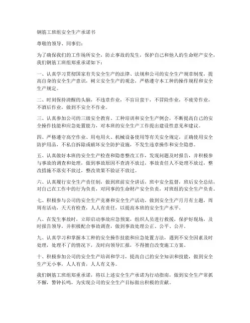 钢筋工班组安全生产承诺书