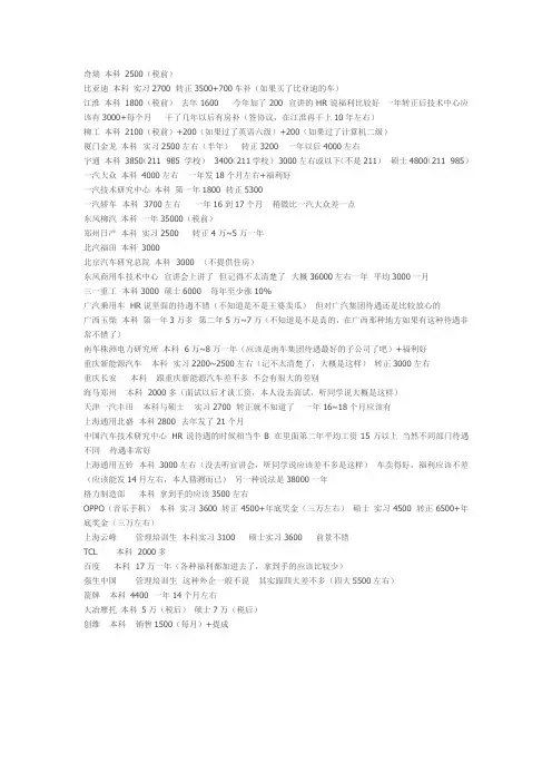 汽车行业毕业生待遇收集