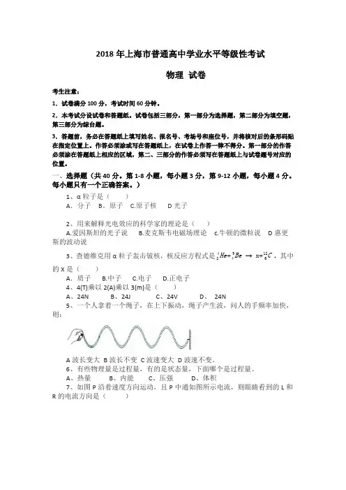 2018上海市高中学业水平等级考试物理试题及答案
