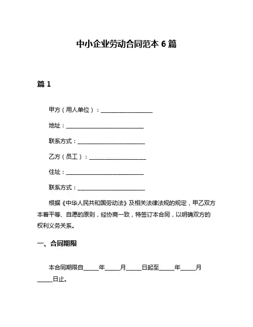 中小企业劳动合同范本6篇