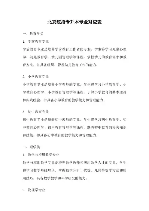 北京统招专升本专业对应表