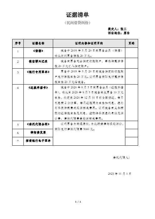 证据清单(民间借贷纠纷)