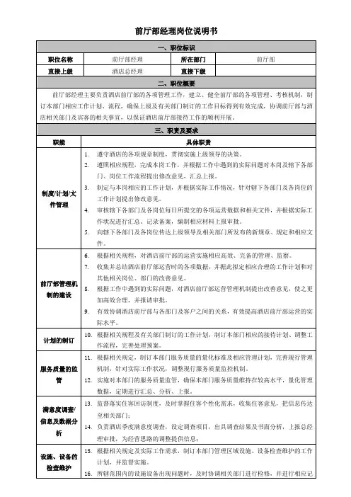 酒店前厅部经理岗位说明书