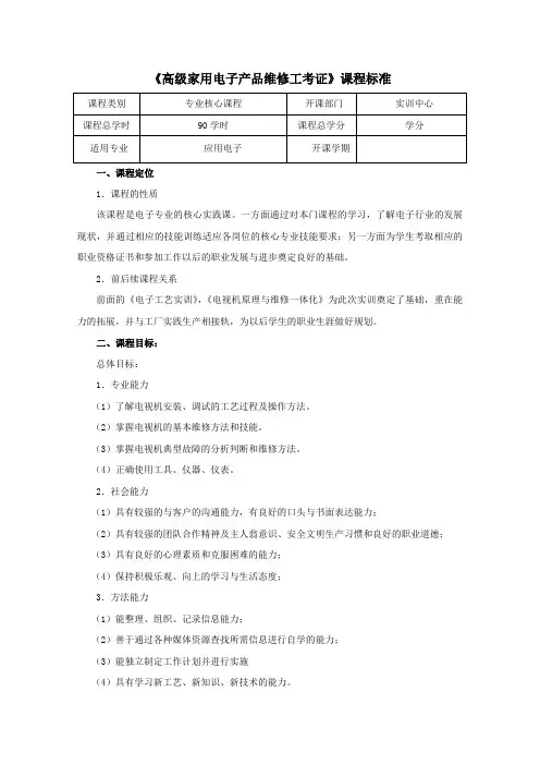 《高级家用电子产品维修工考证》课程标准(三周)