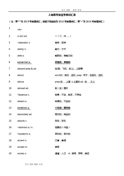 2018年最新上海高考英语考纲词汇表[完整版]