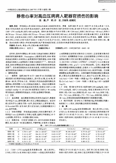 静息心率对高血压病病人靶器官损伤的影响
