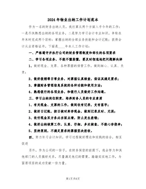 2024年物业出纳工作计划范本（3篇）