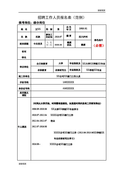 招聘工作人员报名表(范例) .doc