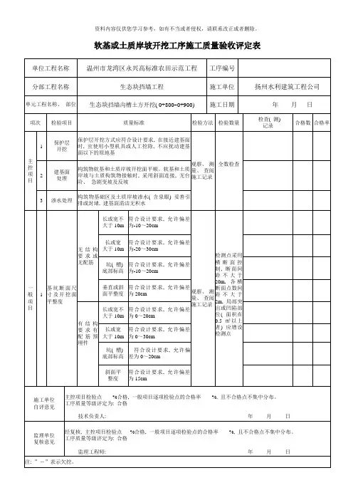 软基或土质岸坡开挖工序施工质量验收评定表模板