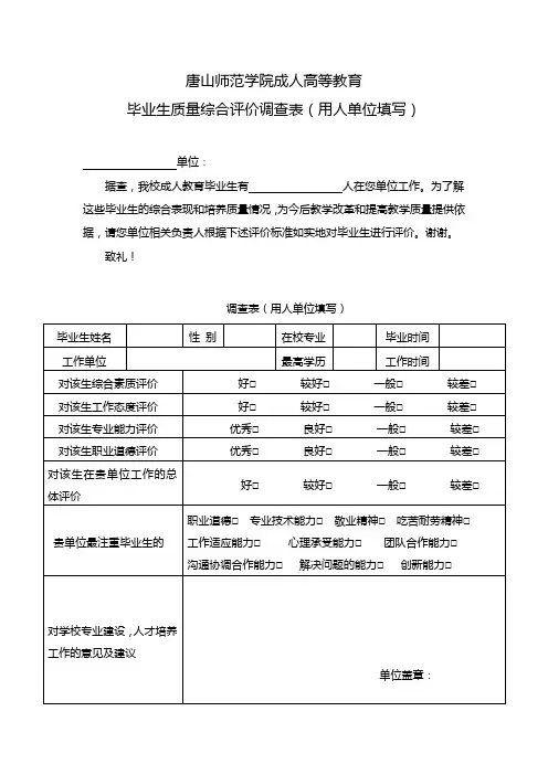 唐山师范学院 毕业生质量综合评价调查表(用人单位填写)