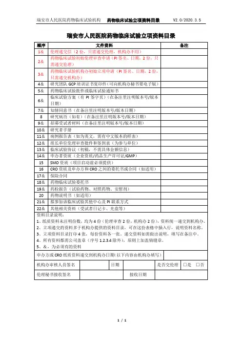 药物临床试验立项资料目录