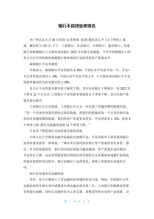 银行不良贷款率排名