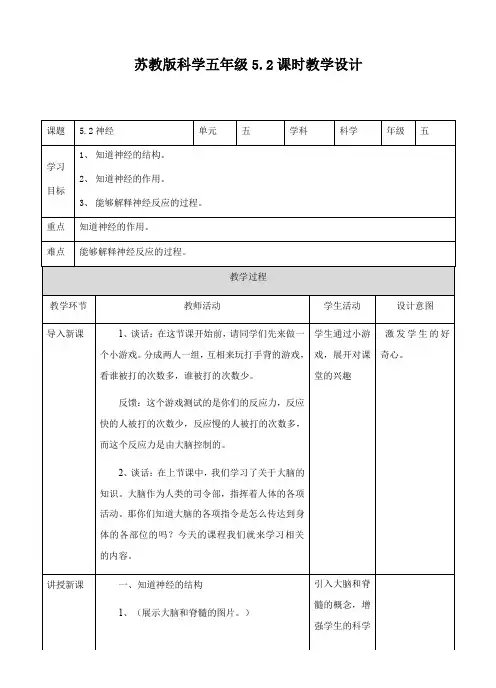 小学科学苏教版五年级下册《神经》教案