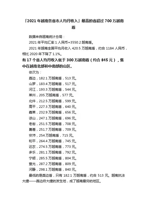 「2021年越南各省市人均月收入」最高的省超过700万越南盾