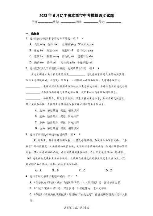 2023年6月辽宁省本溪市中考模拟语文试题(含解析)