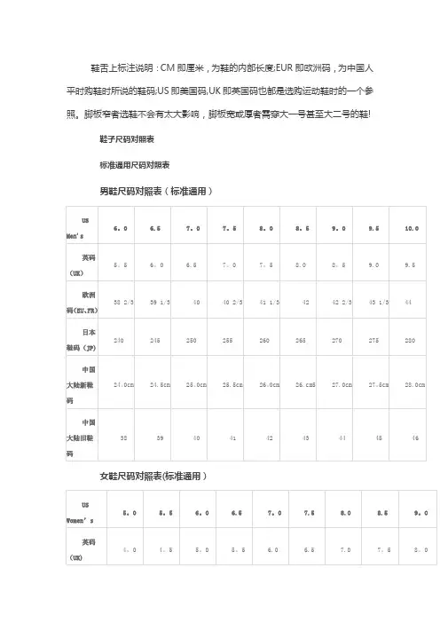 国际鞋尺码对照表