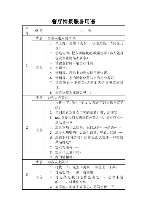 餐厅情景服务用语