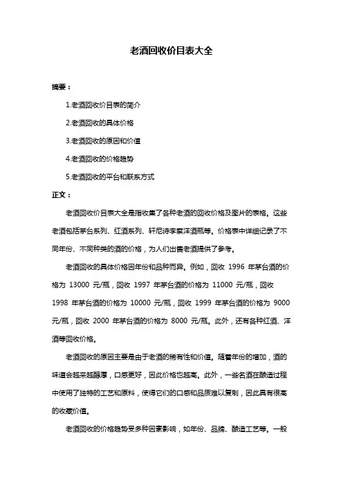 老酒回收价目表大全