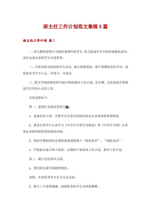 班主任工作计划范文集锦5篇
