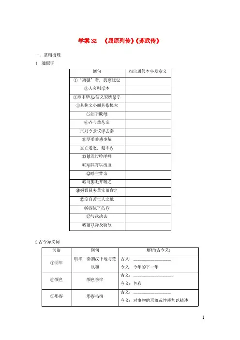 2024年高考语文复习板块五文言文阅读教材文言文复习学案32屈原列传苏武传