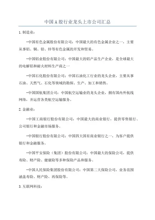 中国A股行业龙头上市公司汇总