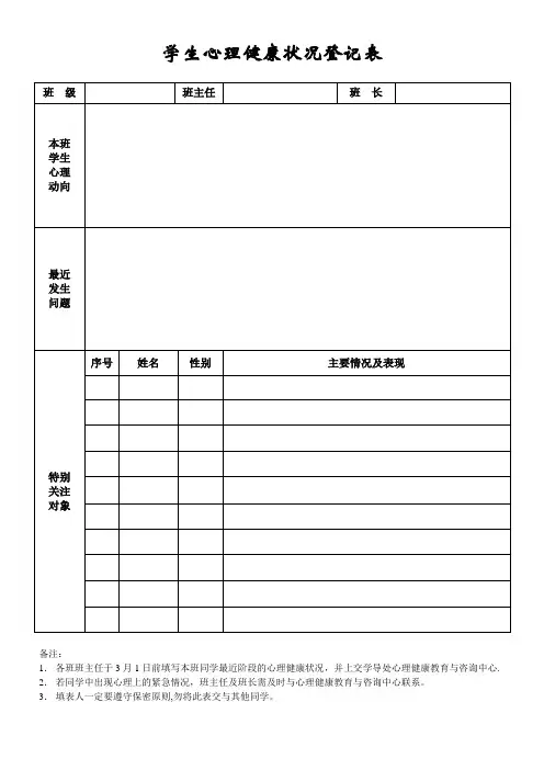 学生心理健康状况登记表【范本模板】
