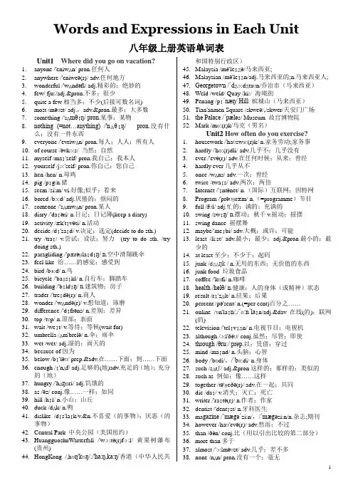 新人教版八年级英语全册各单元单词表(含音标)