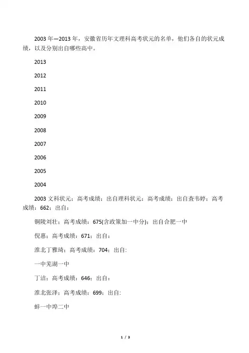 2003年―2013年安徽省历年文理科高考状元