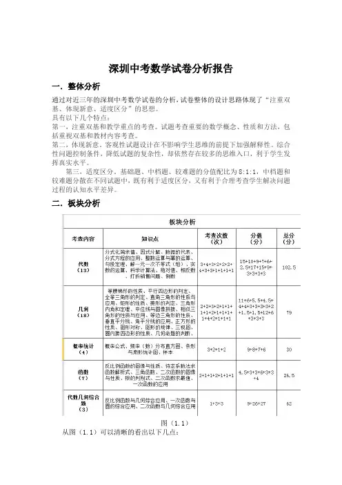 深圳市中考数学试卷分析报告