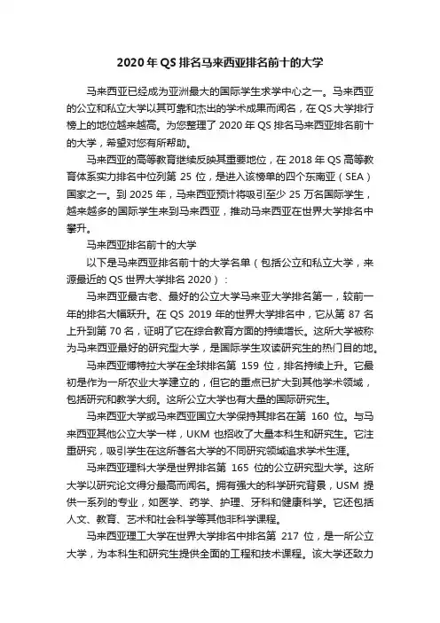 2020年QS排名马来西亚排名前十的大学