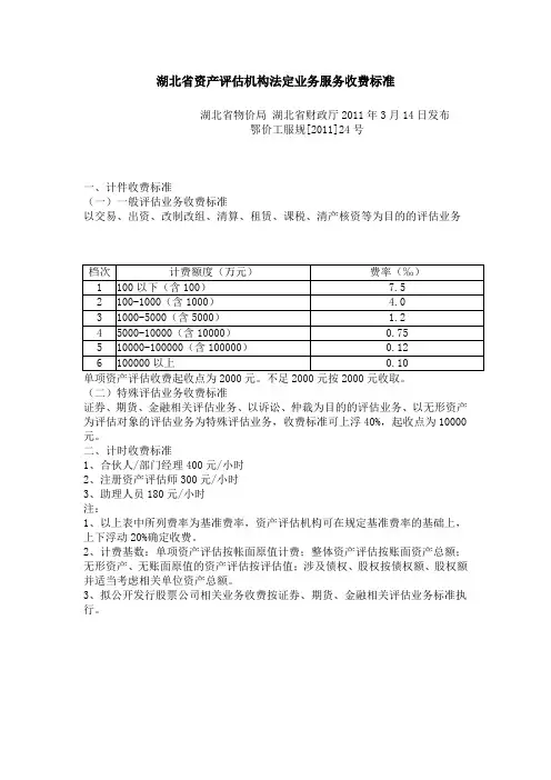 湖北省资产评估机构法定业务服务收费标准