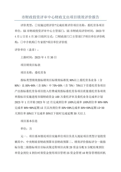 市财政投资评审中心财政支出项目绩效评价报告