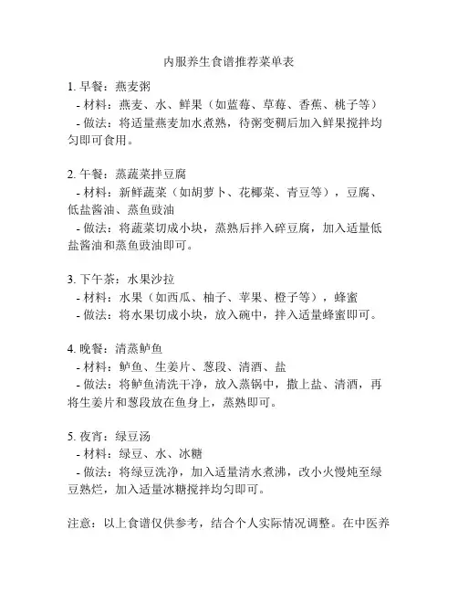 内服养生食谱推荐菜单表